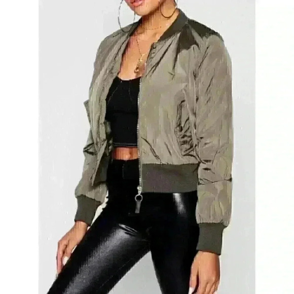Womens Boohoo Zip through Bomber Jacket XS Khaki - Picture 2 of 14